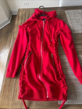 Women’s Red Lace-Up Hooded Zip Bomber Dress Jacket